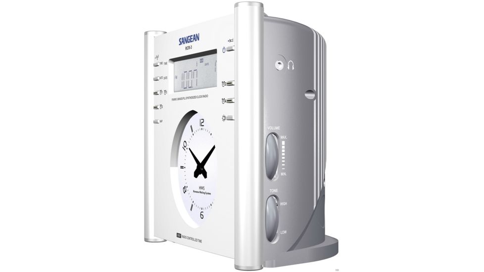 Sangean AM/FM Digital &amp; Analog Atomic Clock Radio with Aux-In, White/ silver RCR-3
