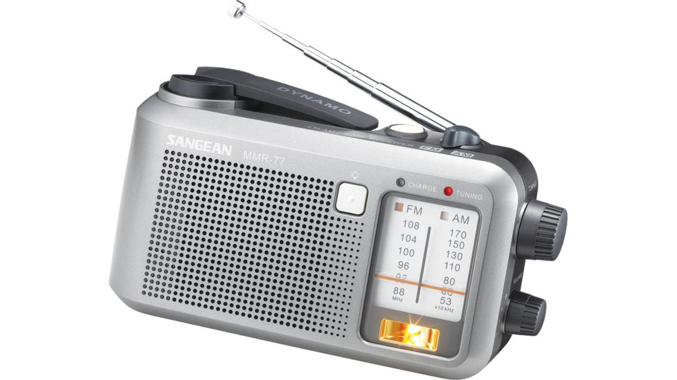 Sangean AM/FM Multi-Powered, Battery/AC/Crank Rechargeable Water-Resistant, Silver MMR-77