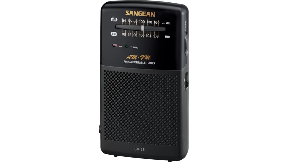 Sangean AM/FM Stereo, Analog Tuning + Earbuds + Neckstrap, Black SR-35