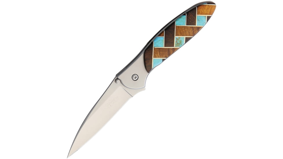 Santa Fe Stoneworks Custom Kershaw Leek A/O Folding Knife, 4in Closed, 3in Bead Blast Finish 14C28N Sandvik SS Blade, Thumb Stud, Pocket Clip, Ironwood Handle With Turquoise Weave, SF1660IT