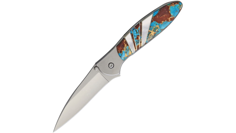 Santa Fe Stoneworks Custom Kershaw Leek A/O Folding Knife, 4in Closed, 3in Bead Blast SS Blade, Mother Of Pearl, Turquoise, Lava Rock Handle w/Bead Blast SS Back Handle, 1660TURQ, LAVA, PEARL