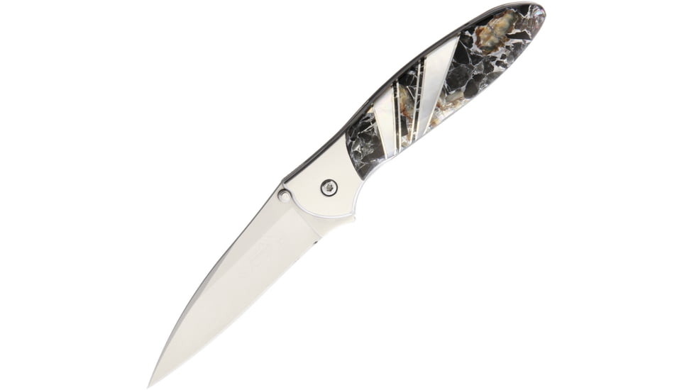 Santa Fe Stoneworks Kershaw Leek Obsidian A/O Folding Knife, Custom Leek Framelock, 4in Closed, 3in Bead Blast Blade, Obsidian And Mother Of Pearl Front Handle w/SS Back Handle, 1660OBSDNABLNZINCMOP