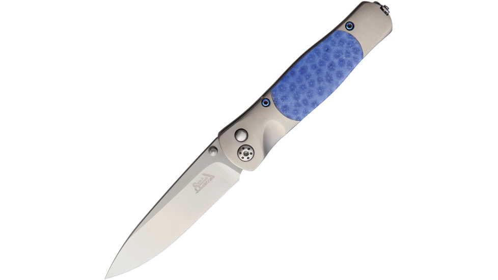 Santa Fe Stoneworks Tesoro Button Lock Folding Knife, 3.5in Closed, 2.75in Satin Vg-10 SS Blade, Titanium Bolster, Thumb Stud, Pocket Clip, Blue Brain Coral Handle, JS01BLUE BRAIN CORAL