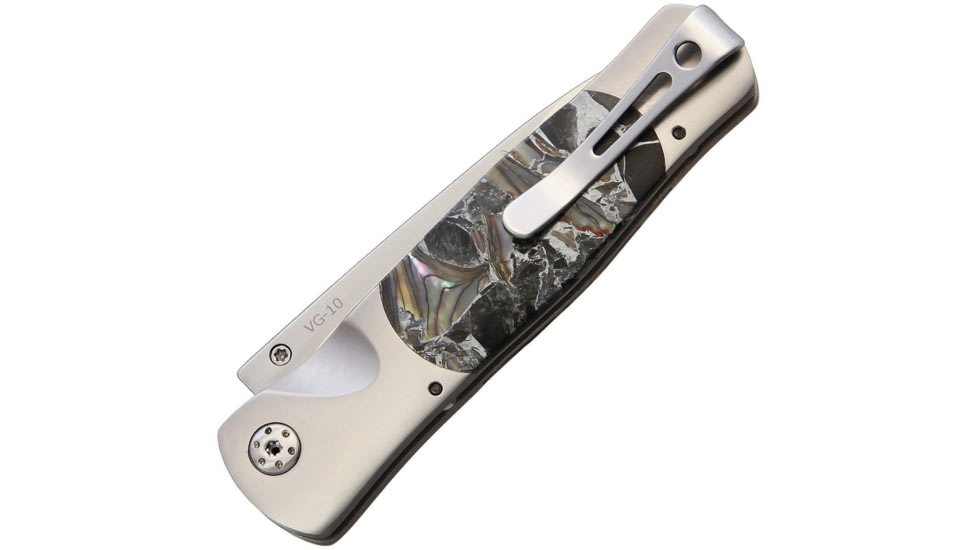 Santa Fe Stoneworks Tesoro Button Lock Folding Knife, 3.5in Closed, 2.75in Satin Vg-10 SS Blade, Titanium Bolster, Thumb Stud, Pocket Clip, Obsidian, Abalone, Bronze Handle, SFSW04