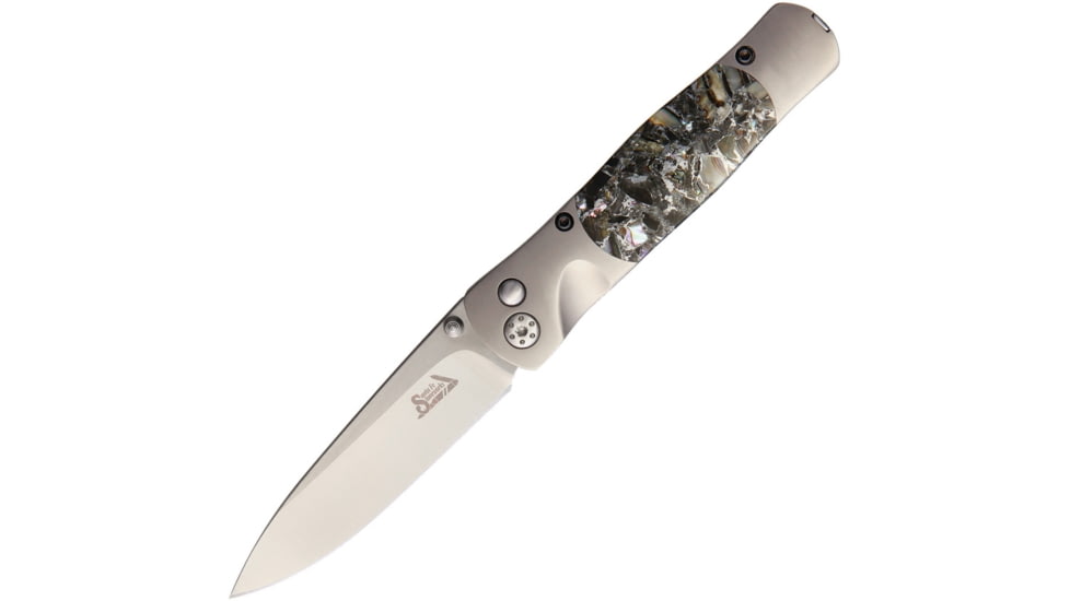 Santa Fe Stoneworks Tesoro Button Lock Folding Knife, 3.5in Closed, 2.75in Satin Vg-10 SS Blade, Titanium Bolster, Thumb Stud, Pocket Clip, Obsidian, Abalone, Bronze Handle, SFSW04