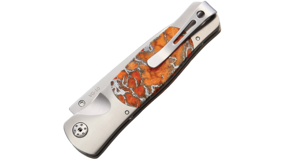 Santa Fe Stoneworks Tesoro Button Lock Folding Knife, 3.5in Closed, 2.75in Satin Vg-10 SS Blade, Titanium Bolster, Thumb Stud, Pocket Clip, Orange Coral And Zinc Handle, GE01 ORANGE CORAL- ZINC