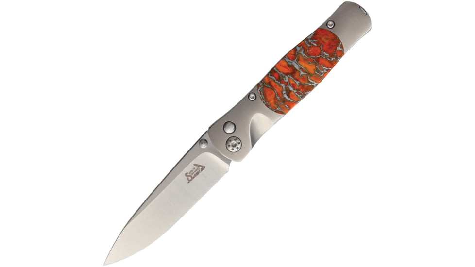 Santa Fe Stoneworks Tesoro Button Lock Folding Knife, 3.5in Closed, 2.75in Satin Vg-10 SS Blade, Titanium Bolster, Thumb Stud, Pocket Clip, Orange Coral And Zinc Handle, GE01 ORANGE CORAL- ZINC