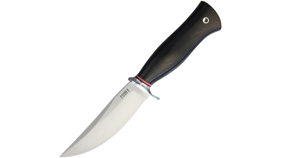 Scagel Small Hunter Canvas Fixed Blade Knife, 9.25in Overall, 4.5in Satin A2 Tool Steel Drop Point, Black Canvas Micarta Handle, Nickel Silver Guard, Brown Leather Belt Sheath, Black, 15 111-MBC