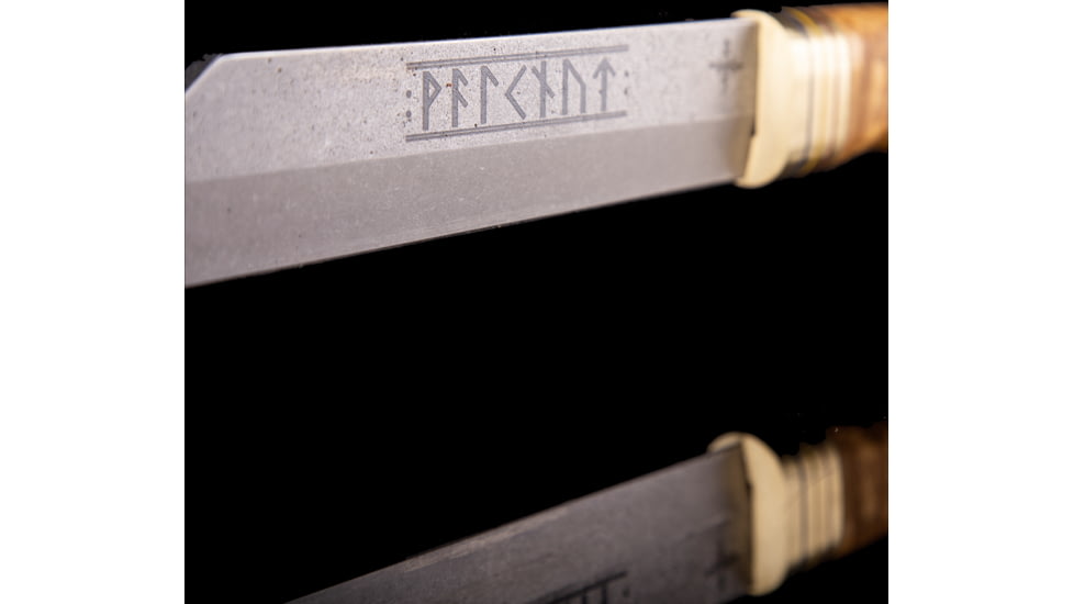 Scandinoff Valknut Classic Viking Knife, 11.63in Overall, 6.63in Stonewash Sleipner Tool Steel Wharncliffe Blade, Curly Birch Handle, Brass, Blue, Yellow/Red Accents, Leather Sheath, SCA-NS-KN-VCVC