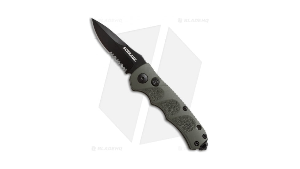Schrade Mini Extreme Survival Automatic Folding Knife, 2.50in, Stainless Steel, Spear Point Blade, Aluminum OD Green Handle, SC60MODS, Black/OD Green, 6.25in, BHQ-26842