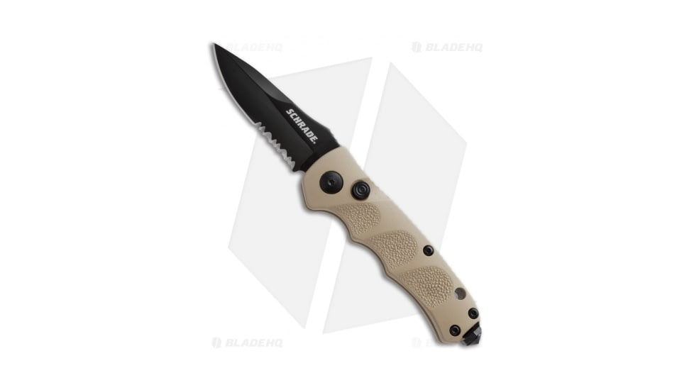 Schrade Mini Extreme Survival Automatic Folding Knife, 2.50in, Stainless Steel, Spear Point Blade, Aluminum Tan Handle, SC60MBRS, Black/Tan, 6.25in, BHQ-26178