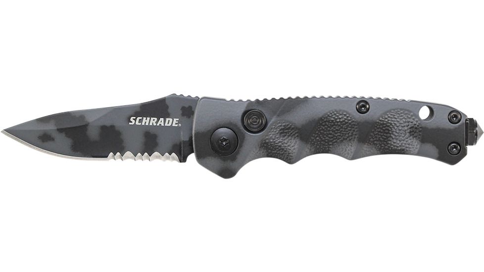 Mini Push Button Lock Folding Knife Partially Serrated Drop Point Blade, Black / Silver, Medium