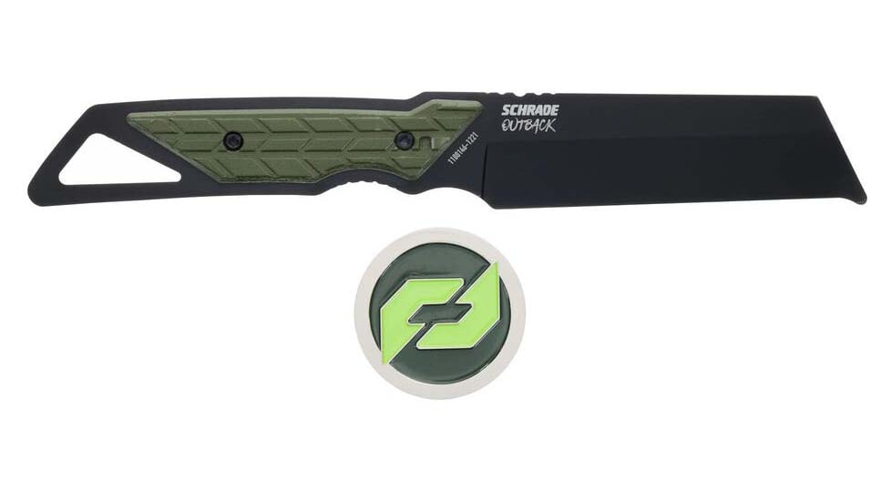 Schrade Outback Cleaver Fixed Blade Knife, 3.6in, AUS-8 Steel, Cleaver Blade, Black/Green Overmolded Handle, 1182498