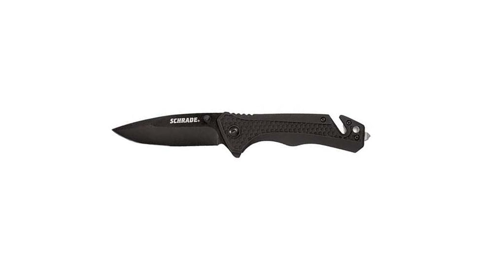Schrade SCH704CP w/Cutter Blk Folding Knives, 3.25 in, 9Cr18MoV Stainless Steel, Drop Point, Black, Aluminum, Rubber, 1084288