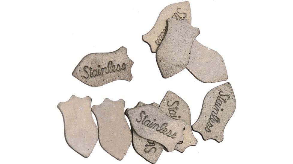 Schrade SS Shield, Badge Design, Nickel Silver Finish, 7/16in Overall, Smooth On One Side, SS In Cursive Lettering On Other Side, Package Of 10, S400