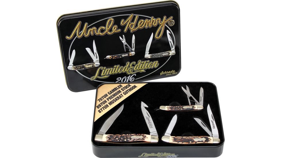 Schrade Uncle Henry 3 Piece Gift Tin Folding Knife,Stainless Steel,Standard Edge,Clip and Guthook,Satin SCHPROM1641CP