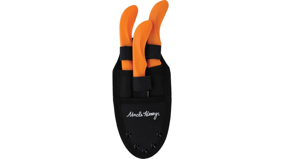 Schrade UH Fixed Blade Combo, 7.5in Overall Hunter w/ 3.5in Blade, 7.25in Overall Guthook w/ 3.25in Blade, 7in Overall Caper w/ 3in Blade, Orange Polymer Handle, Polyester Belt Sheath, 1200434