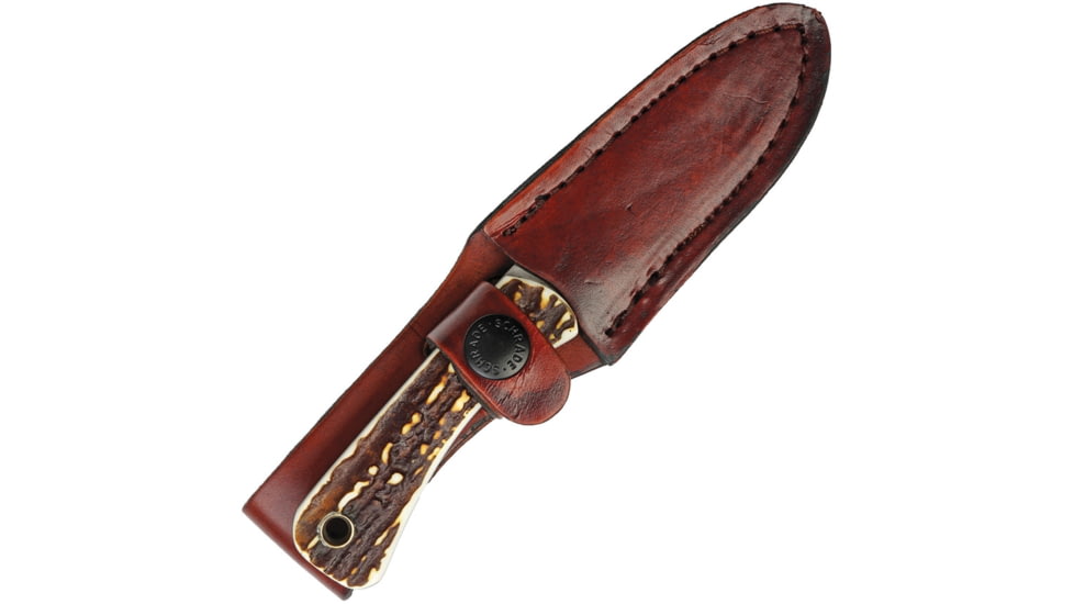 Schrade Uncle Henry Fixed Blade Knife, Uncle Henry, 6.5in Overall, 2.75in Satin SS Blade, Delrin Stag Handle, Brown Leather Belt Sheath, 1100092