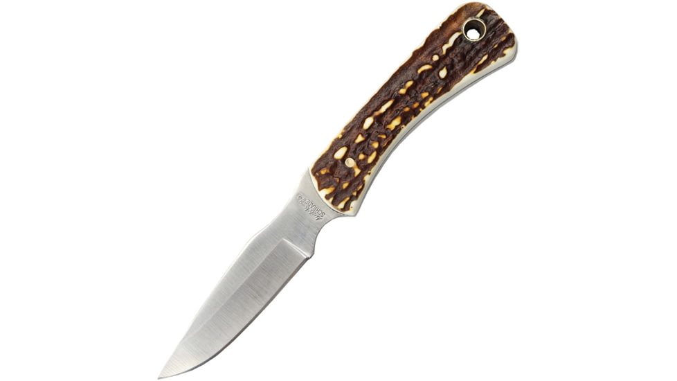 Schrade Uncle Henry Fixed Blade Knife, Uncle Henry, 6.5in Overall, 2.75in Satin SS Blade, Delrin Stag Handle, Brown Leather Belt Sheath, 1100092