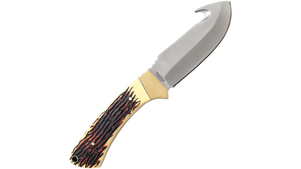 Schrade Uncle Henry Full Tang Guthook Fixed Blade Knife, 4in, Satin, Brown, Jigged Delrin Handle SCH186UH