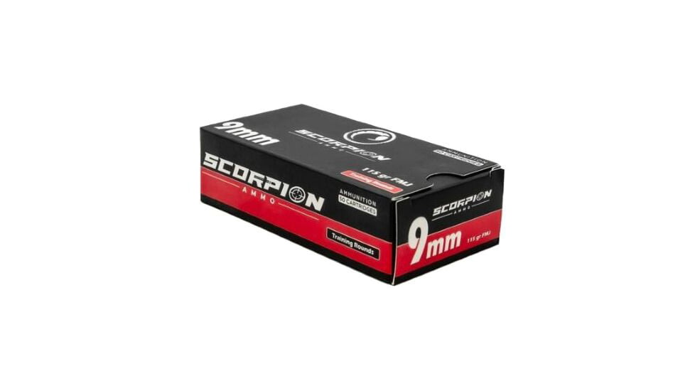 Scorpion 9mm Luger 115 Grain Full Metal Jacket Brass Cased Pistol Ammo, 50 Rounds, 9115FMJ-T50
