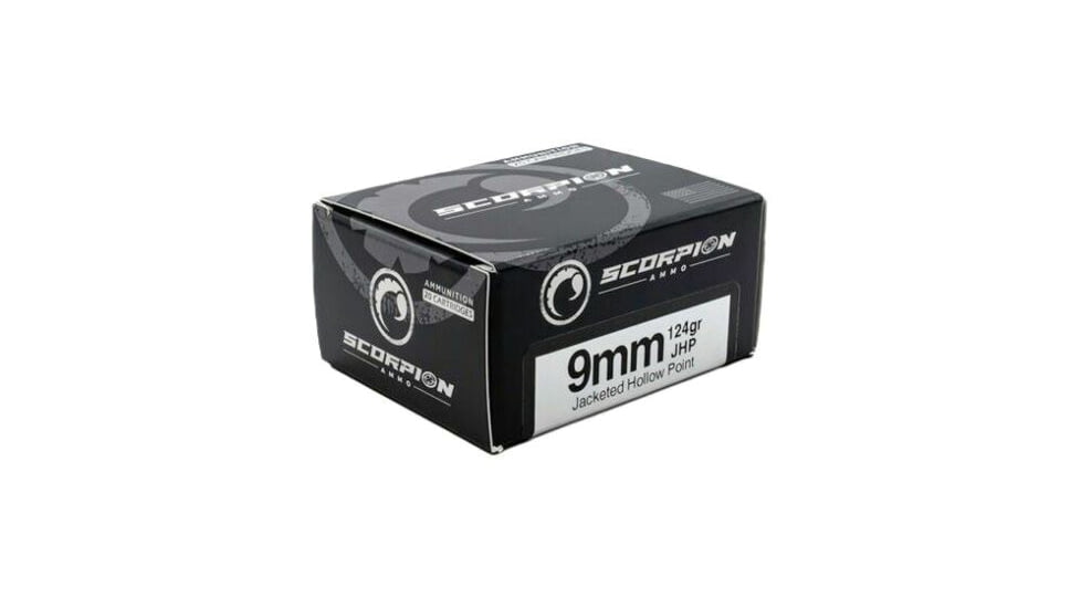 Scorpion 9mm Luger 124 Grain Jacketed Hollow Point Brass Cased Pistol Ammo, 20 Rounds, 9124JHP-S20