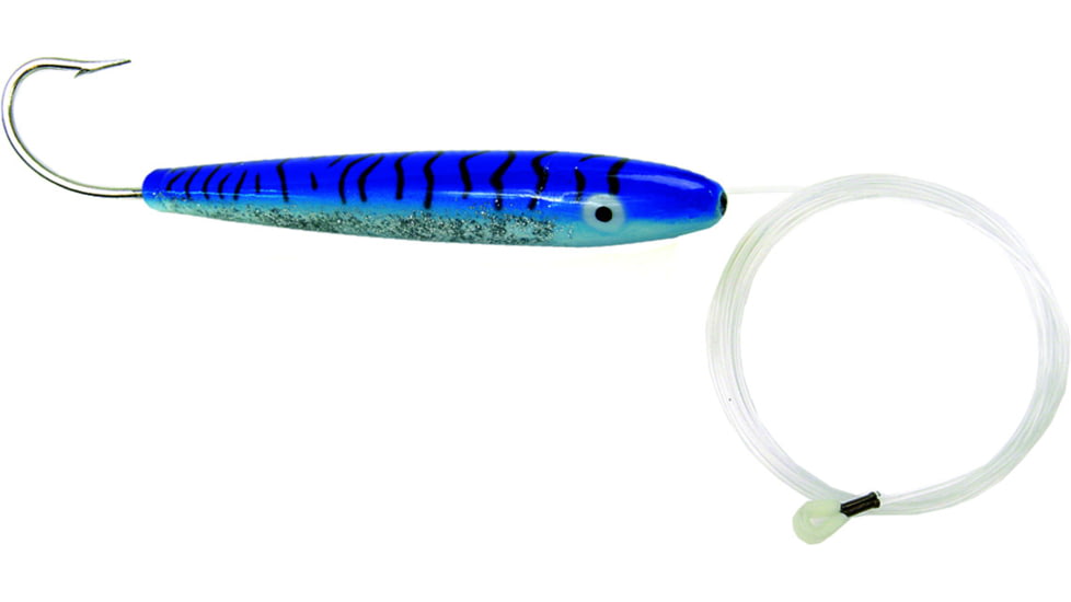 Sea Striker Rigged Cedar Plug 4&quot;, 8/0 Hook, 8 ft 100 Lb Mono Leader, Blue Mackerel, 4077R