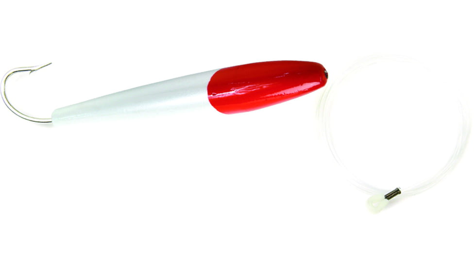 Sea Striker Rigged Cedar Plug 4&quot;, 8/0 Hook, 8 ft 100 Lb Mono Leader, Red Head/White Body, 491