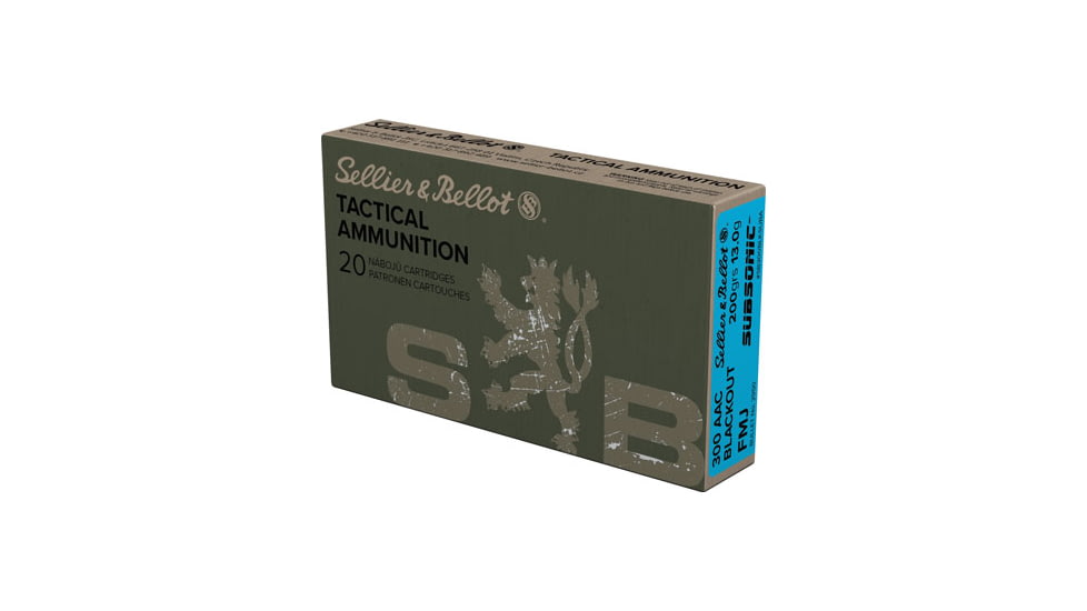 Sellier &amp; Bellot Subsonic .300 AAC Blackout 200 Gain Full Metal Jacket Subsonic Brass Cased Rifle Ammo, 20 Rounds, SB300BLKSUBA