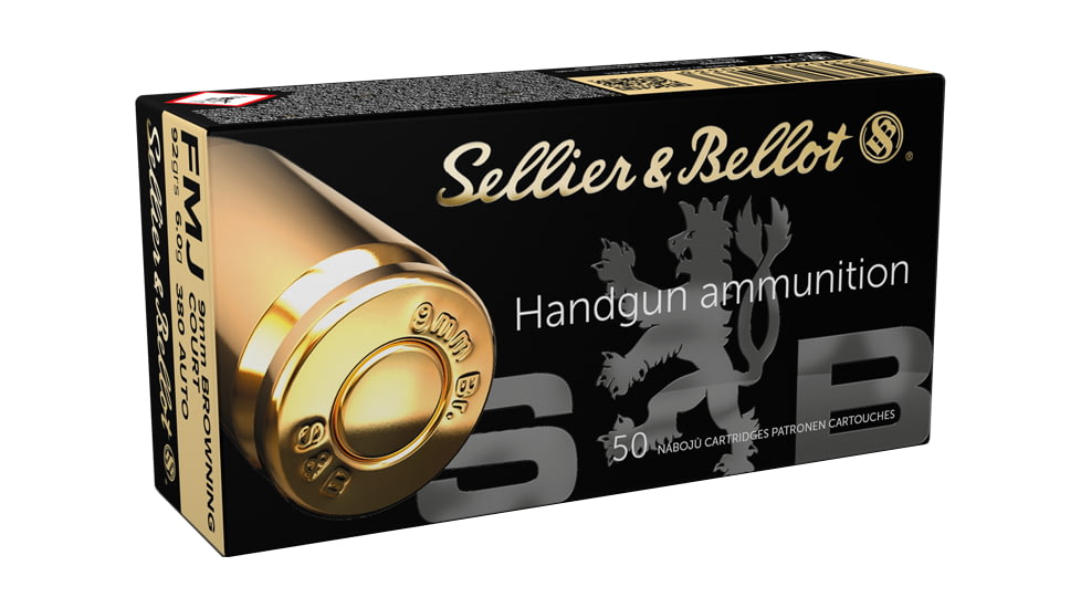 Sellier &amp; Bellot .380 ACP/9mm Browning Court, 92 Grain Full Metal Jacket Brass Cased Centerfire Pistol Ammo, 50 Rounds, V312222