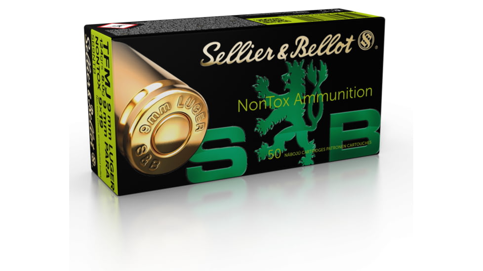 Sellier &amp; Bellot 9mm Luger 124 Grain Full Metal Jacket Brass Cased Centerfire Pistol Ammo, Non-Toxic, 50 Rounds, SB9NTB