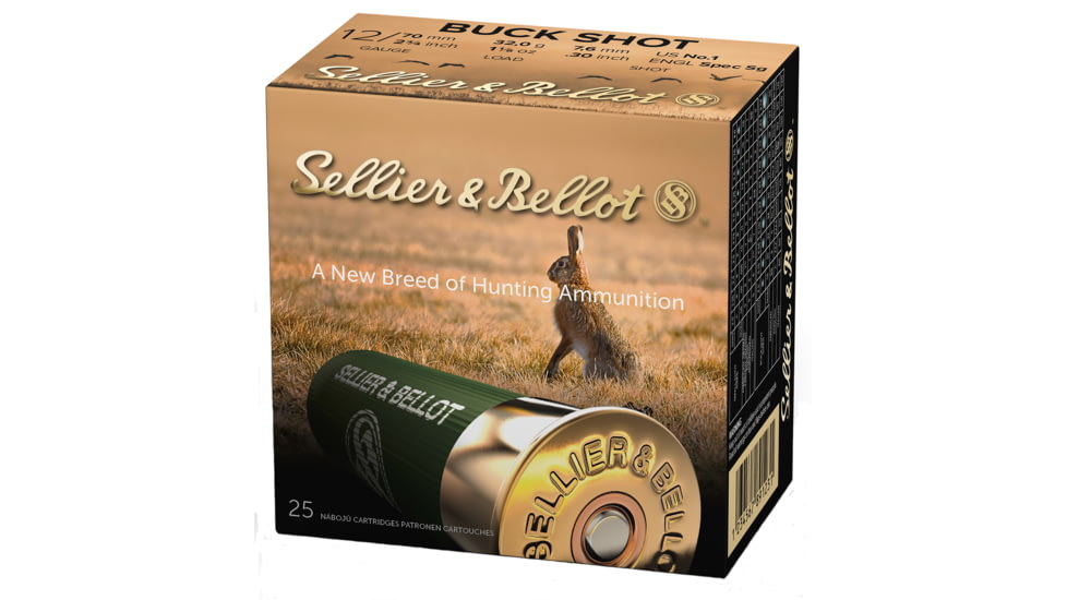 Sellier &amp; Bellot SB 12 Gauge 12 Pellet 2.75in Shotgun Buckshot Ammo, 1.125oz, 25 Rounds, SB12BSF