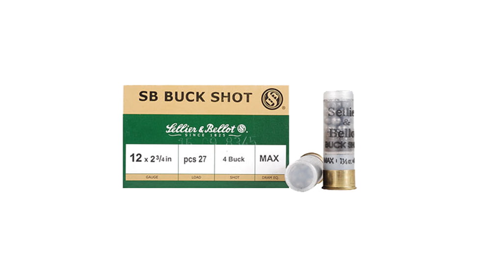 Sellier &amp; Bellot SB 12 Gauge 27 Pellet 2.75in Shotgun Buckshot Ammo, 1.25oz, 25 Rounds, SB12BSB