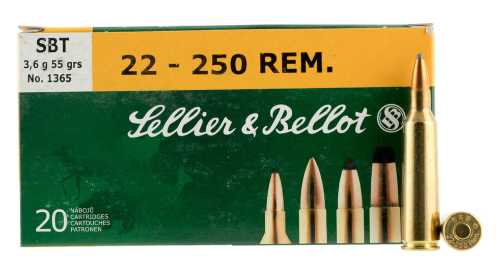 Sellier &amp; Bellot 22-250 Remington 55 Grain Spitzer Boat Tail Rifle Ammo, 20 Rounds, SB22250A