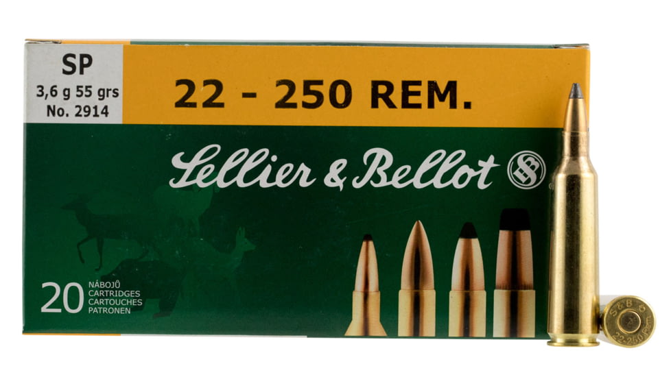Sellier &amp; Bellot 22-250 Remington 55 Grain Soft Point Rifle Ammo, 20 Rounds, SB22250B