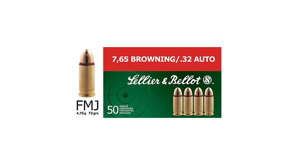 Sellier &amp; Bellot 32 Auto/7.65 Browning 73 Grain Full Metal Jacket Brass Cased Pistol Ammo, 50 Rounds, SB32A