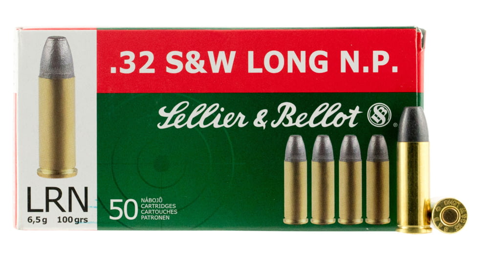 Sellier &amp; Bellot 32 S&amp;W Long 100 Grain Lead Round Nose Brass Cased Pistol Ammo, 50 Rounds, SB32SWLA