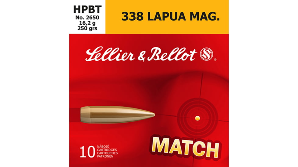 Sellier &amp; Bellot 338 Lapua Mag 250 Grain Hollow Point Boat Tail Rifle Ammo, 10 Rounds, SB338LMA
