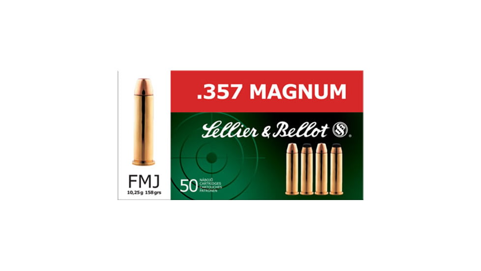 Sellier &amp; Bellot 357 Magnum 158 Grain Full Metal Jacket Brass Cased Pistol Ammo, 50 Rounds, SB357A