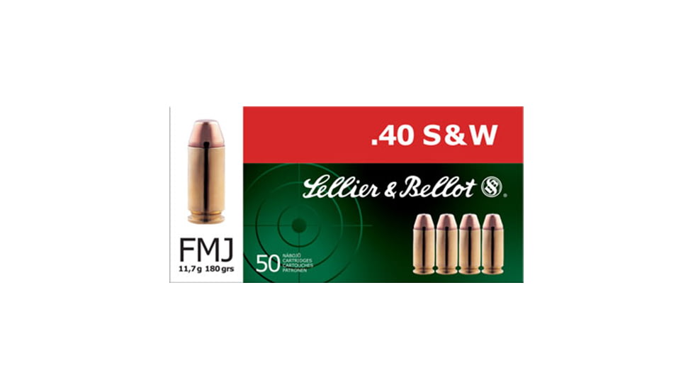 Sellier &amp; Bellot 40 S&amp;W 180 Grain Full Metal Jacket Brass Cased Pistol Ammo, 50 Rounds, SB40B