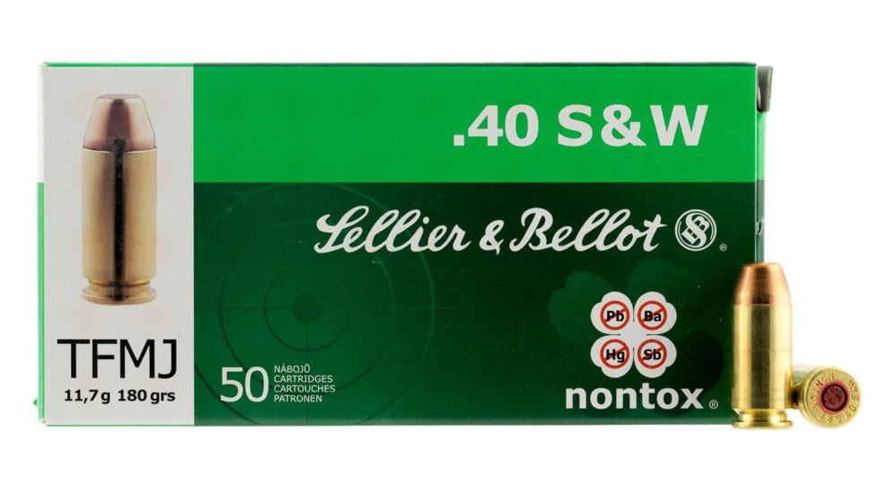 Sellier &amp; Bellot 40 S&amp;W Nontox 180 Grain Total Full Metal Jacket Brass Cased Pistol Ammo, 50 Rounds, SB40NT