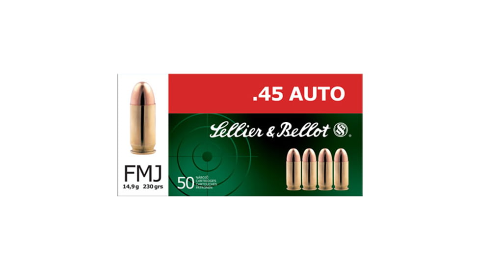 Sellier &amp; Bellot 45 Auto 230 Grain Full Metal Jacket Brass Cased Pistol Ammo, 50 Rounds, SB45A