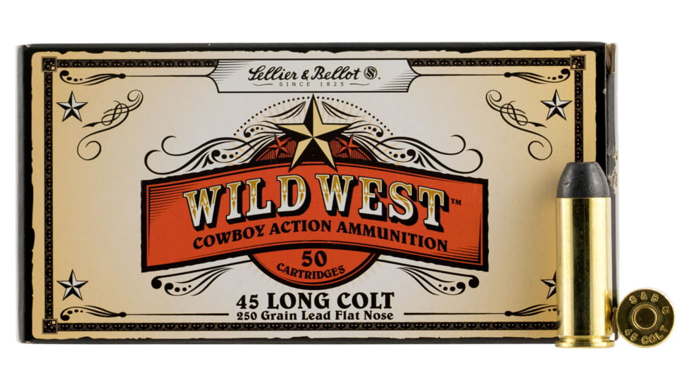 Sellier &amp; Bellot 45 Colt 250 Grain Cowboy Action Lead Flat Nose Brass Cased Pistol Ammo, 50 Rounds, SB45D