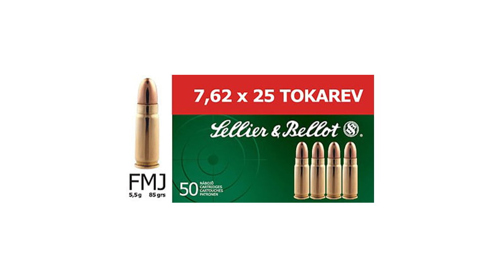 Sellier & Bellot 7.62x25 Tokarev 85 Grain Full Metal Jacket Brass Cased Pistol Ammo, 50 Rounds, SB762TOK