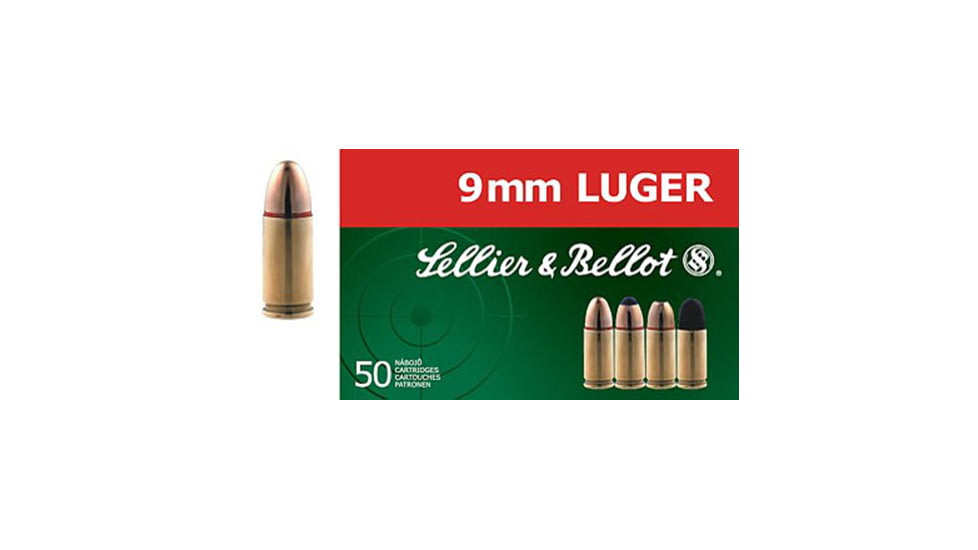Sellier &amp; Bellot 9mm Luger 115 Grain Jacketed Hollow Point Brass Cased Pistol Ammo, 50 Rounds, SB9C