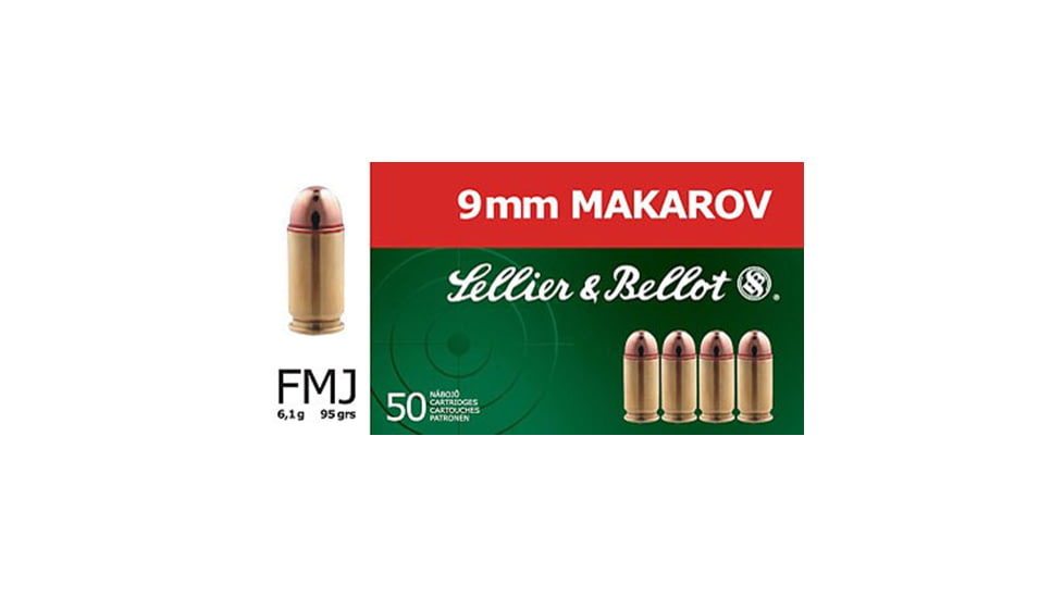 Sellier &amp; Bellot 9mm Makarow 95 Grain Full Metal Jacket Brass Cased Pistol Ammo, 50 Rounds, SB9MAK