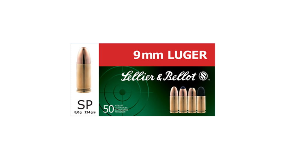 Sellier &amp; Bellot 9mm Luger 124 Grain Soft Point Brass Cased Pistol Ammo, 50 Rounds, SB9S
