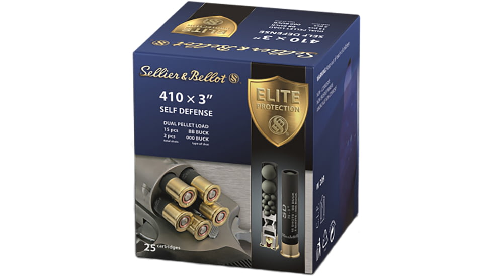 Sellier &amp; Bellot Self Defense .410 15 Pellets BB Buck Shot and 2 Pellets 00 Buck, 3in Shotgun Buckshot Ammo, 25 Rounds, SB410SDB