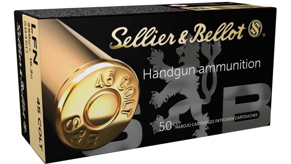 Sellier &amp; Bellot 45 Colt 250 Grain Cowboy Action Lead Flat Nose Brass Cased Pistol Ammunition