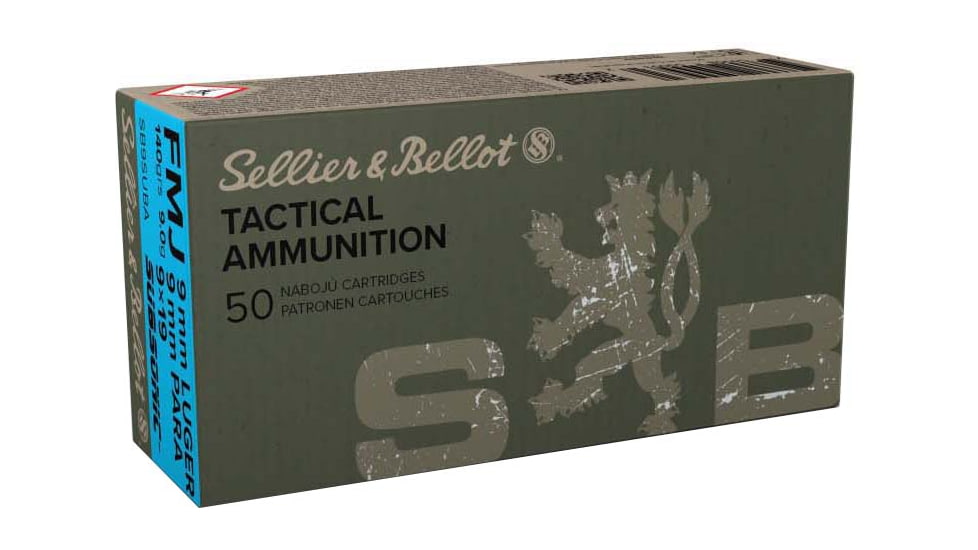 Sellier &amp; Bellot 9mm Luger 140 Grain Subsonic Full Metal Jacket Brass Cased Pistol Ammunition